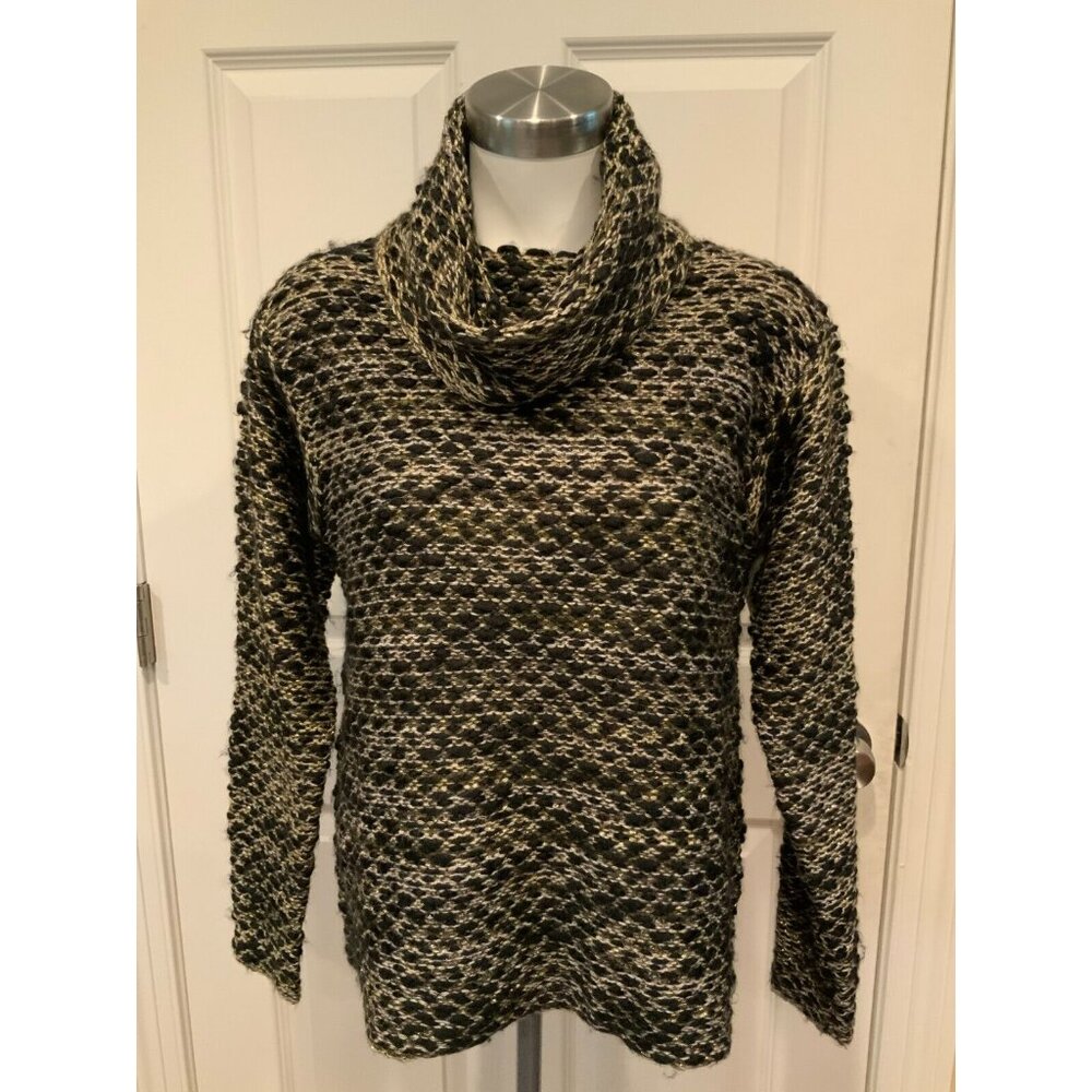 Parker Black, White & Metallic Gold Patterned Knit Sweater W/ Cowl Neck, Size XS